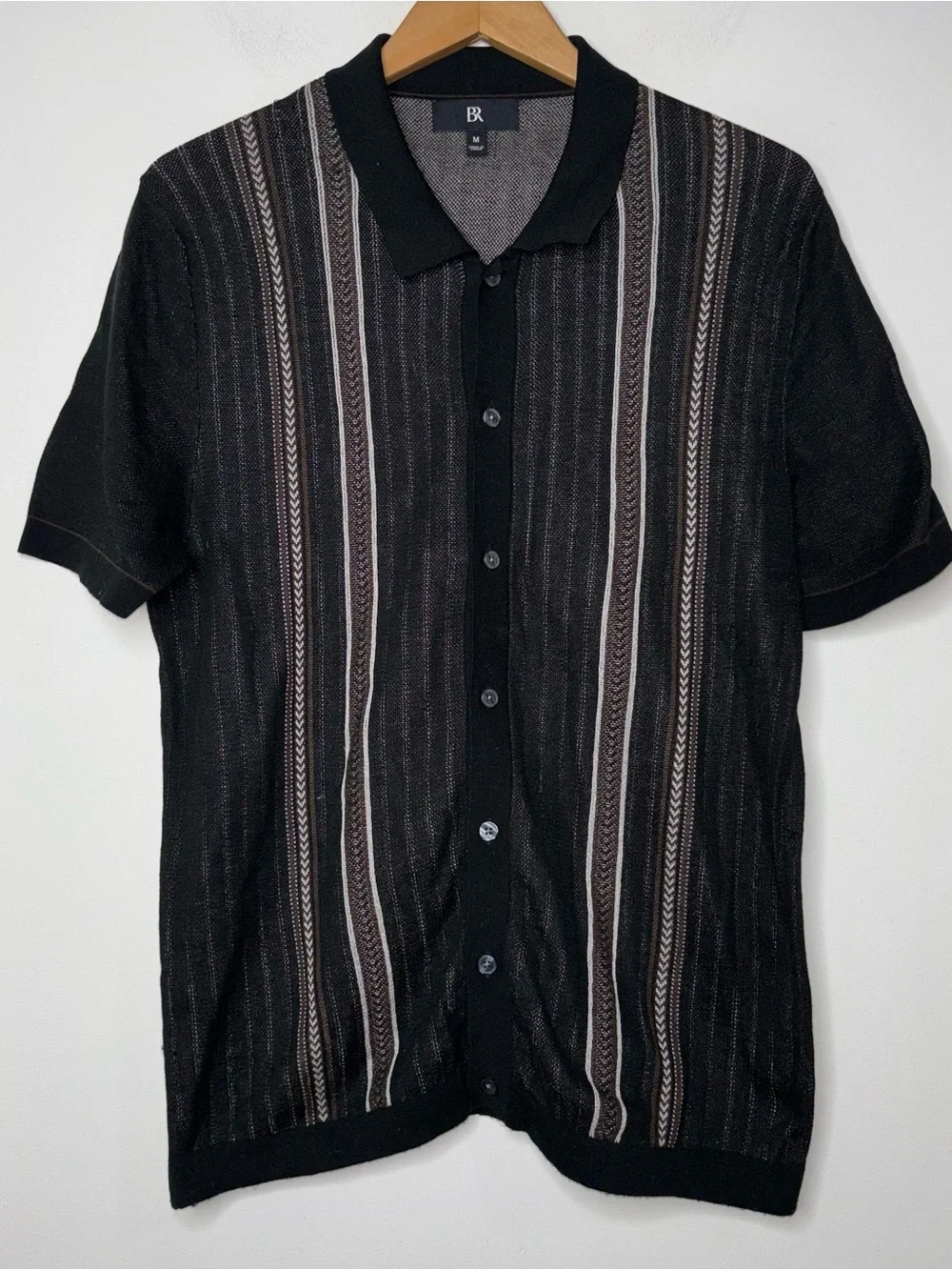 Banana Republic Retro Sweater Polo Mens M Button Black Striped Camp Collar